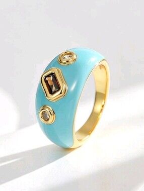 Size 8 Gold Plate Aqua Blue Enamel Ring With Inlaid Gems NWOT